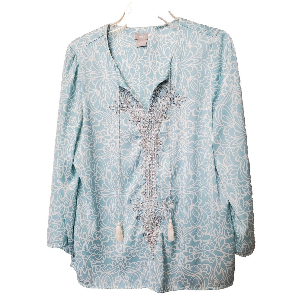 Chico's Blue Floral Metallic Embroidered Tasseled Tunic Size 1 Medium
